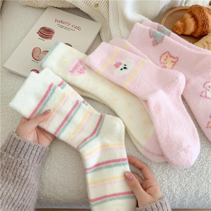 毛绒袜子女秋冬季加绒中筒袜加厚保暖可爱卡通长袜居家地板睡眠袜