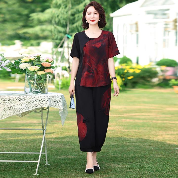 大码妈妈装套装女2025夏季新款圆领花色中老年国风盘扣宽松两件套