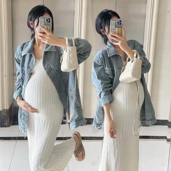 孕期穿搭宽松洗水牛仔外套配针织V领吊带连衣裙两件套装减龄百搭