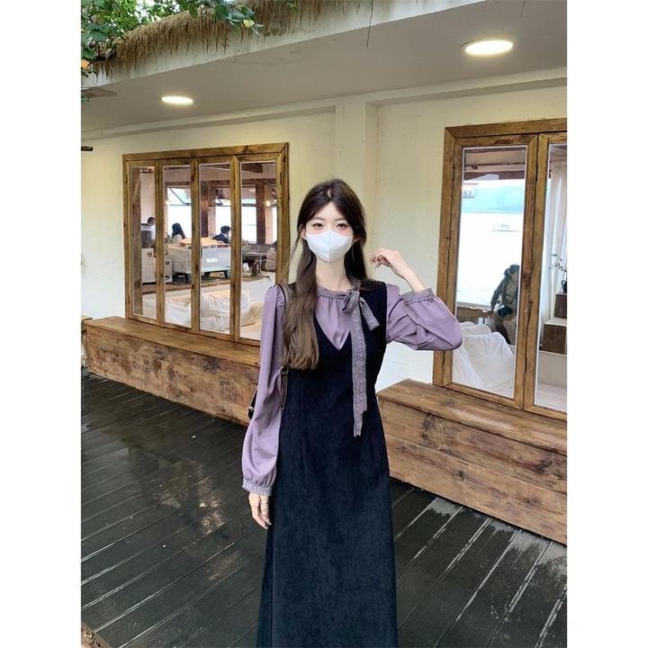 蕾丝飘带上衣V领灯芯绒背心连衣裙两件