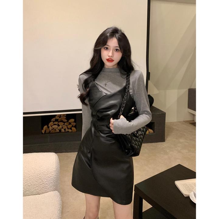 大码女装法式打底吊带连衣裙女秋冬胖MM高级感气质皮裙两件