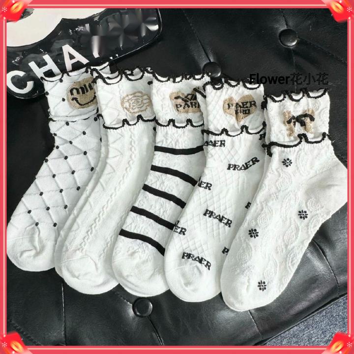 黑白色卡通袜子女短袜潮夏季可爱木耳边薄款学生透气短筒棉袜B53