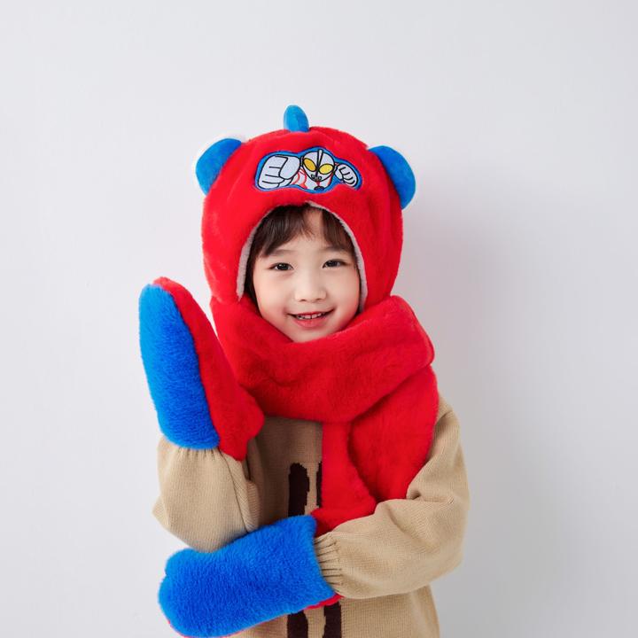 奥特曼儿童帽子围巾手套一体帽男童加绒三件套女童加厚毛绒防风帽