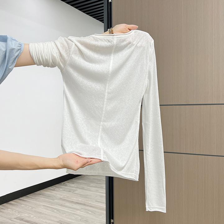 甜妹薄款修身显瘦白色长袖T恤2024早秋新款打底衫女内搭圆领上衣1