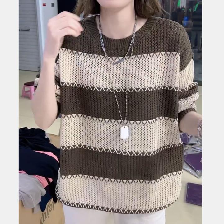 撞色宽松秋冬打底针织衫大码条纹镂空上衣女时尚休闲显瘦网红爆款