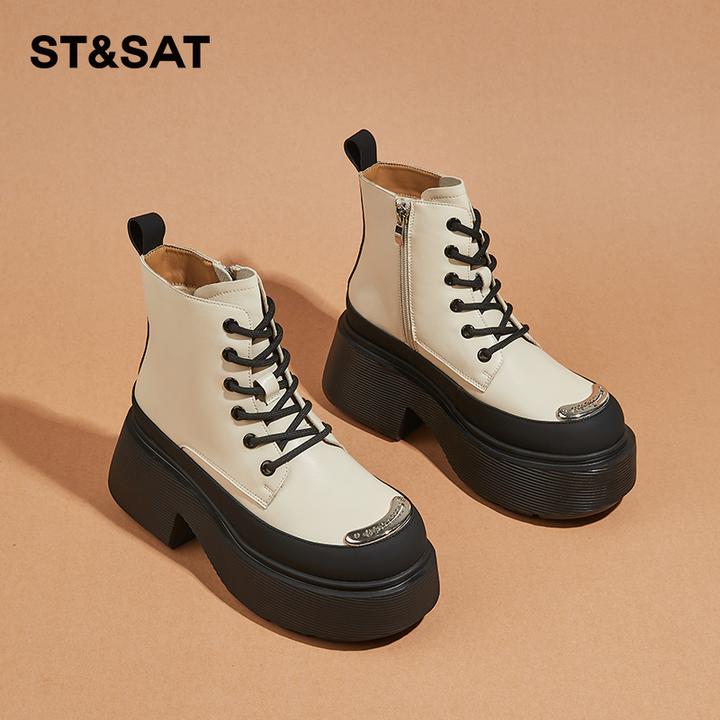 星期六增高白色机车靴厚底短筒女靴2025年冬季新款加绒保暖马丁靴