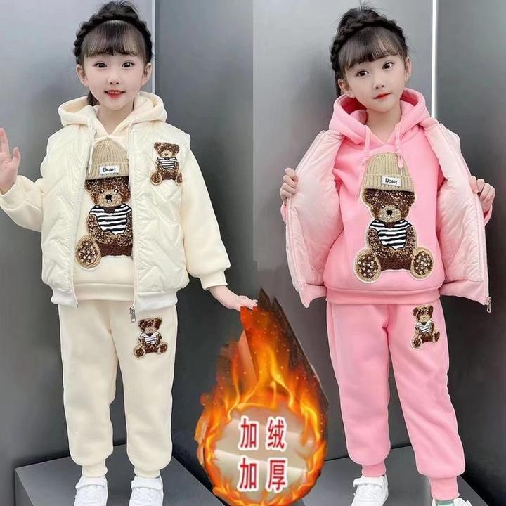女童加绒套装秋冬装2024新款儿童时髦加厚冬季大童马甲卫衣三件套