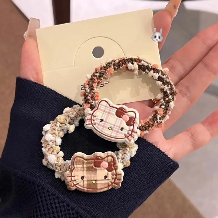 日系可爱咖色格纹kt猫发圈新款ins少女心可爱百搭刘海卡通头饰GG