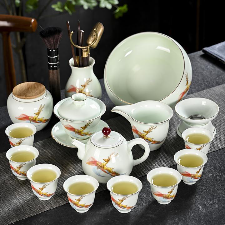 高档描金功夫茶具套装家用中式轻奢茶具整套青瓷泡茶器盖杯泡茶壶