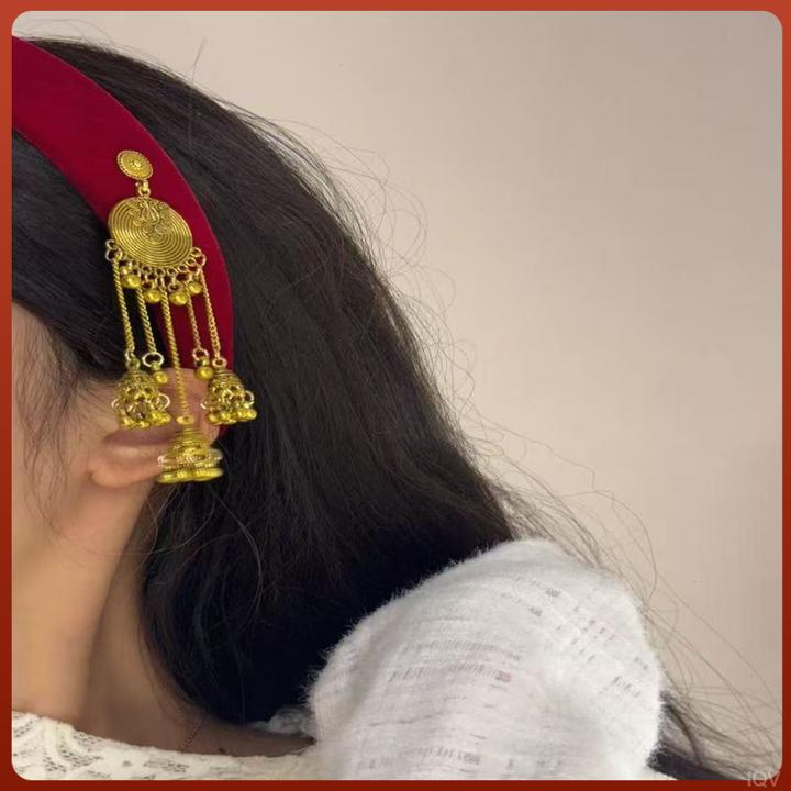 新年喜庆复古苗疆民族风丝绒摇铃流苏发箍女秋冬高颅顶新中式头饰