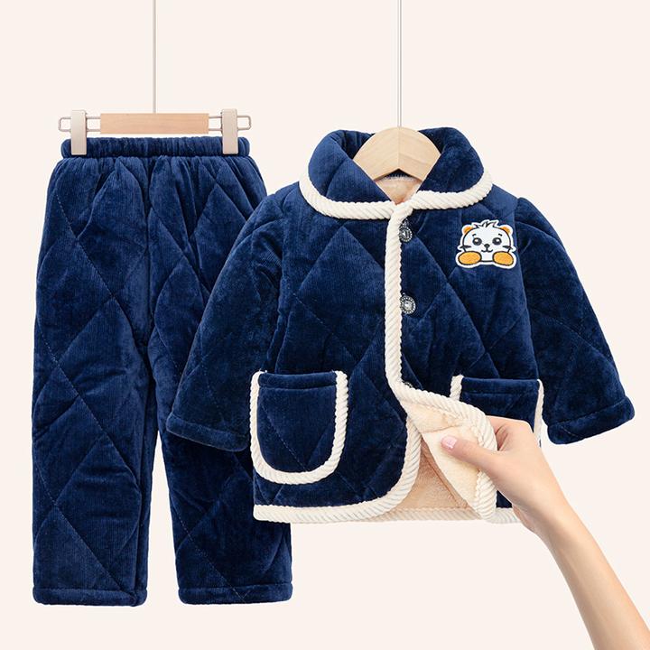 冬季儿童法兰绒三层夹棉睡衣男童女童中大童三线条宝宝家居服套装