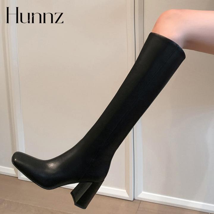 hannizi高跟长靴女新秋冬真皮方头小个子百搭瘦腿长筒骑士靴