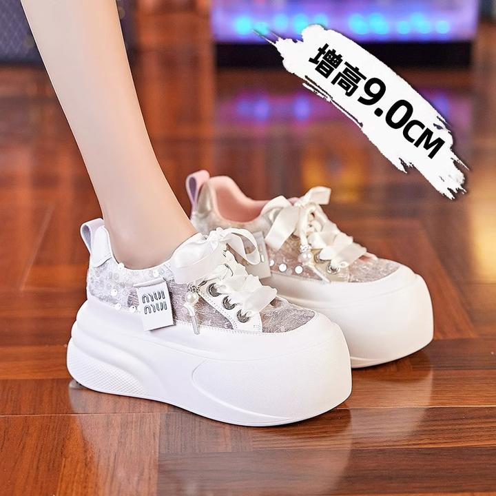网面透气小白鞋女2025春新款矮子乐白色板鞋厚底9公分内增高女鞋