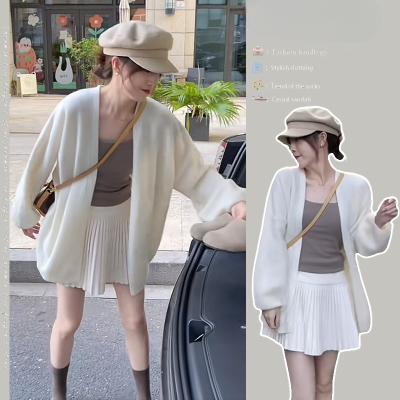 2024年新款韩系早秋穿搭百搭背心休闲宽松针织开衫高腰包臀百褶裙