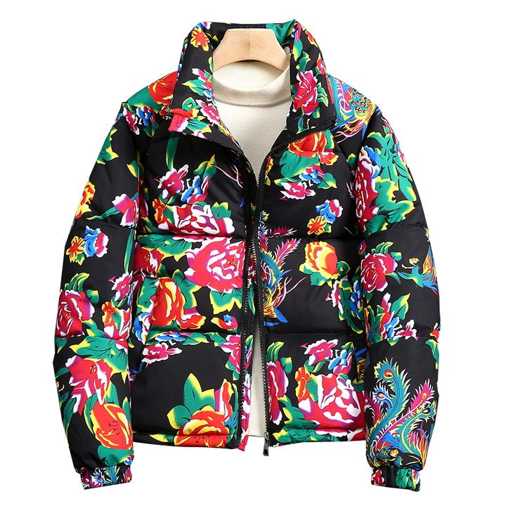 国潮大码棉衣加厚牡丹花过年喜庆棉服东北大花棉袄连帽冬季面包服