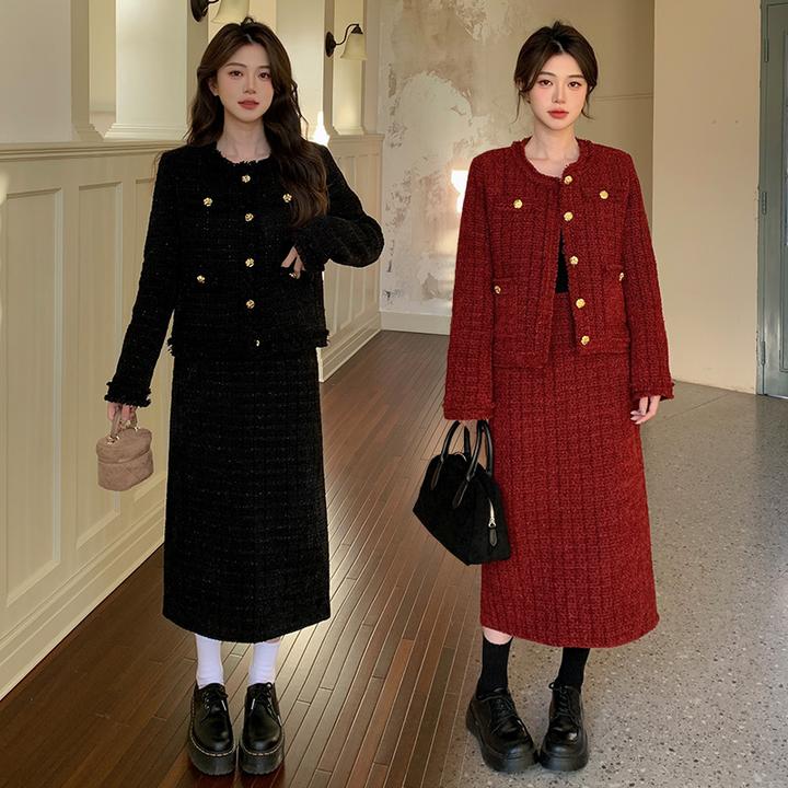 2025冬新款大码女装高级感轻奢小众套装加棉小香风外套半裙两件套