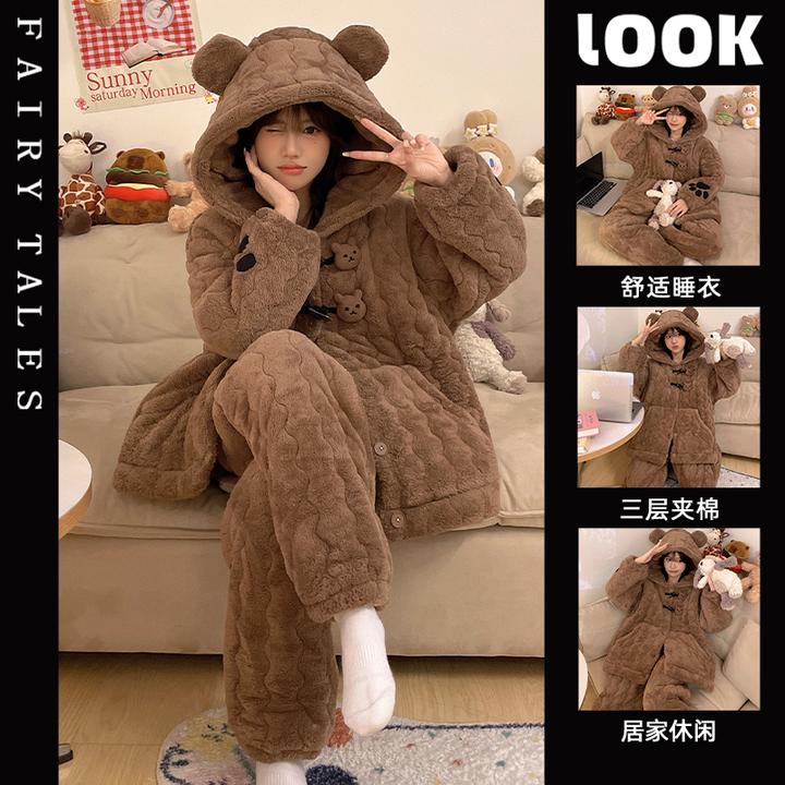 睡衣女冬珊瑚绒加厚加绒2024新款三层夹棉大码法兰绒两件套家居服