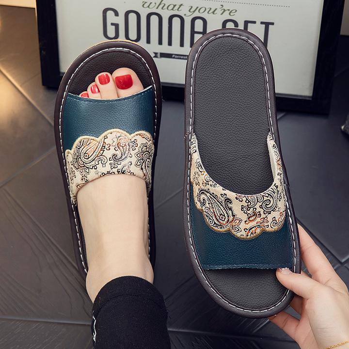 绣花复古风皮拖鞋室内男女居家用房间夏季防滑软底全牛皮凉拖鞋