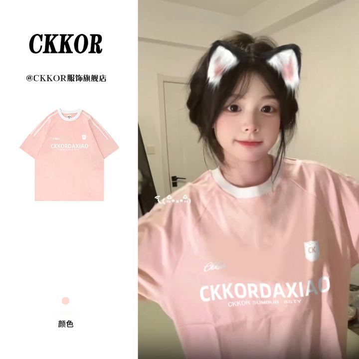 CKKOR三条杠230克短袖t恤女百搭宽松ins小众休闲美式潮流学生印花