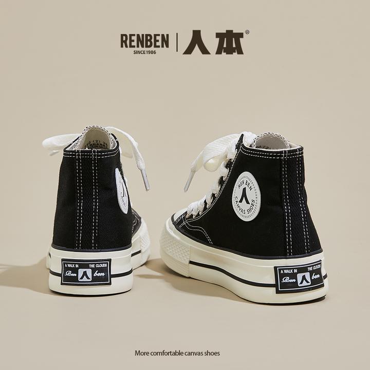 人本官方旗舰店高帮帆布鞋女2025秋季新款透气厚底女鞋百搭板鞋潮