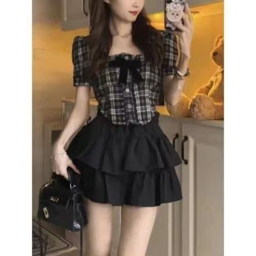 美式chic甜辣风短裙套装裙女夏季学院风辣妹复古穿搭蛋糕裙两件套