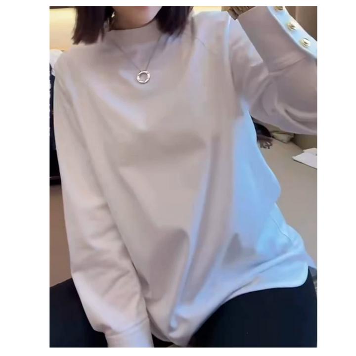 设计感衬衫袖金色扣子净版打底上衣女秋冬季宽松套头纯色长袖T恤