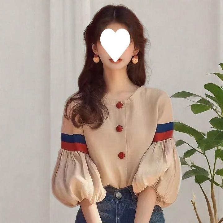 2024早秋新款法式小众设计感独特超好看洋气减龄杏色灯笼袖衬衫女