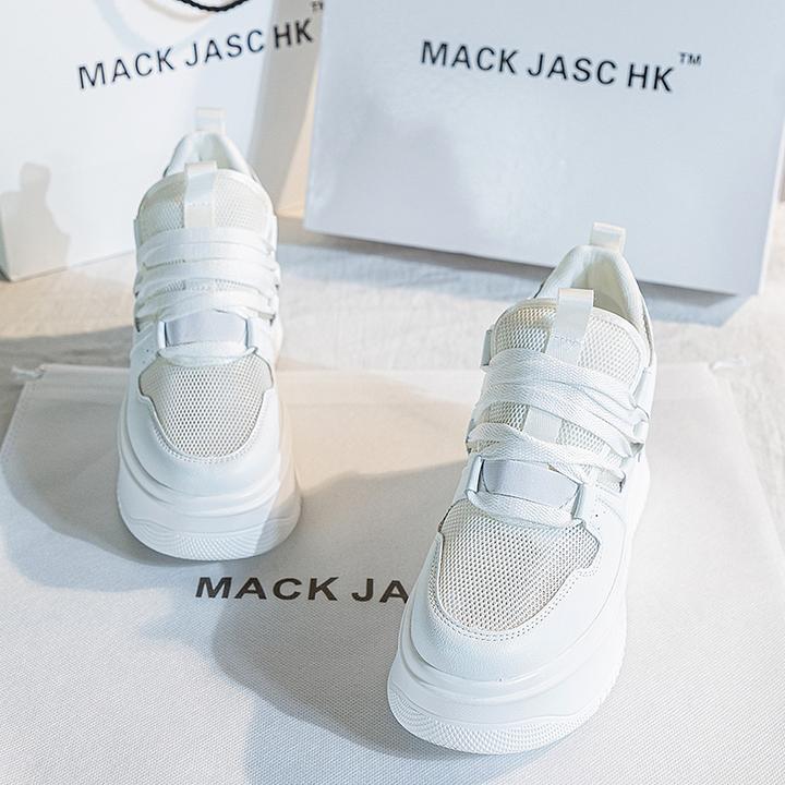 香港MACKJASCHK真皮板鞋2024夏季新款透网运动厚底内增高小白鞋女