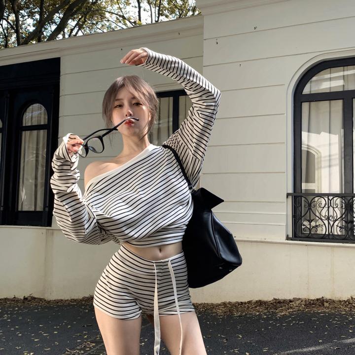 一整套长袖收腰女条纹休闲裤精棉短裤微胖显瘦初秋T恤黑白色穿搭