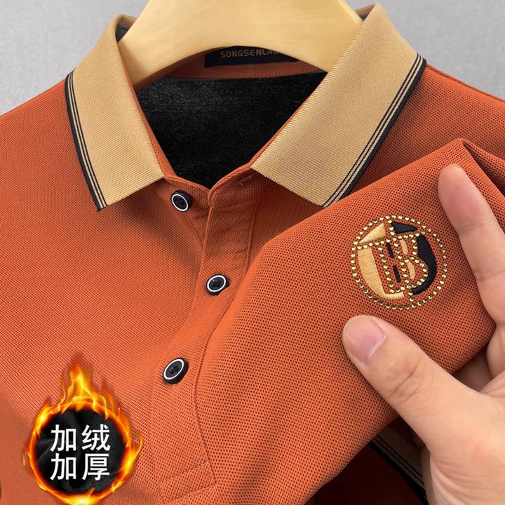 秋冬新款高档男士加绒加厚POLO衫休闲翻领长袖T恤大码保暖打底衫