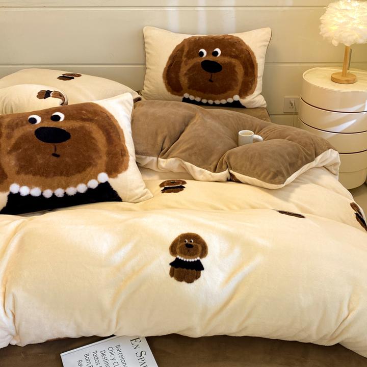 牛奶绒【毛毛狗】四件套被套床上三件套双面绒被罩床单加绒加厚冬季