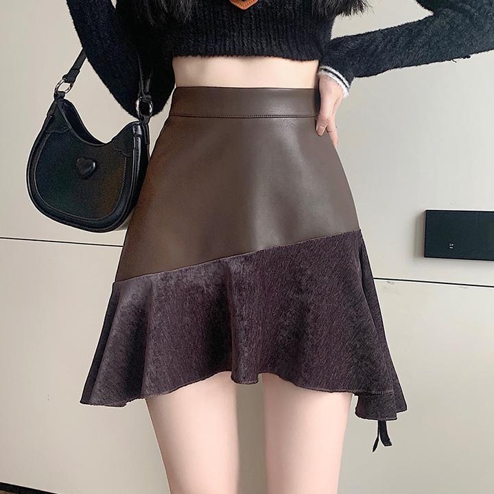 不规则拼接荷叶边高腰皮短裙女时尚设计感时尚百搭创意别致半身裙