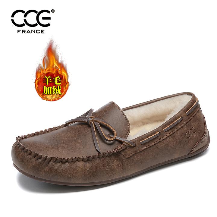 CCE男鞋羊毛加绒保暖棉羊皮毛一体豆豆鞋大码疯马牛皮开车鞋6036