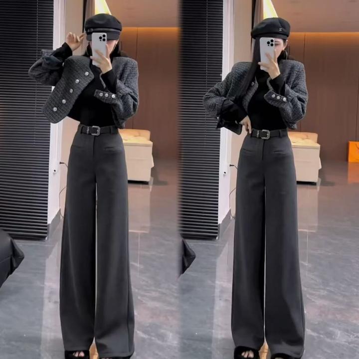 高腰显瘦加绒直筒裤2025冬季新款百搭休闲西装阔腿裤垂感拖地裤子