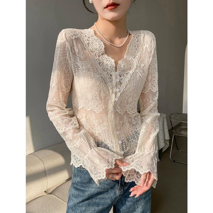 打底衫女2024新款秋冬季国风内搭洋气镂空小衫气质长袖蕾丝打底衫