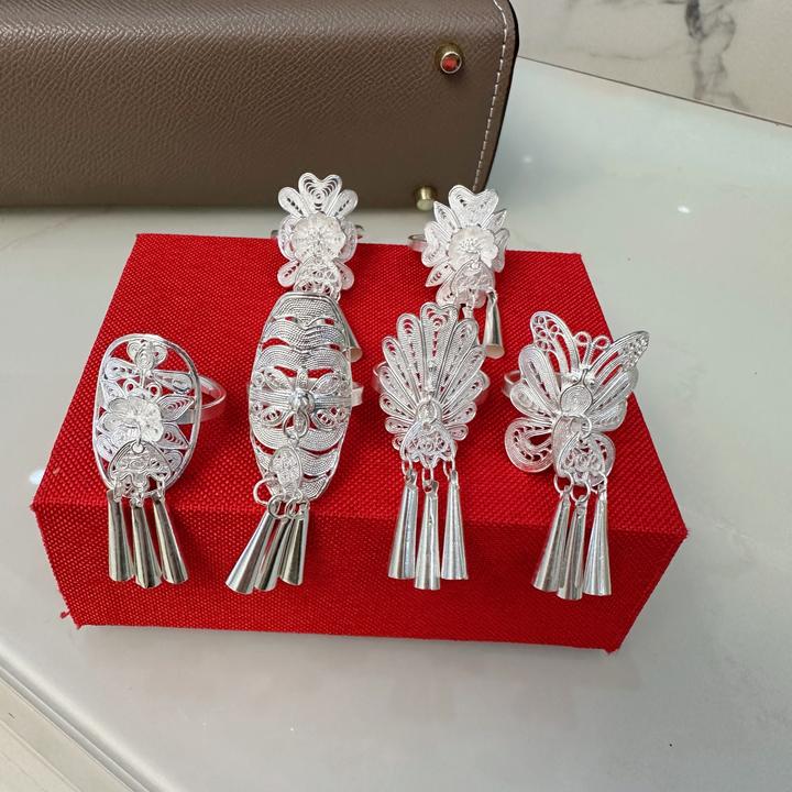 足银戒指 佰利银饰足银流苏戒指吊喇叭纯手工时尚复古民族风掐丝