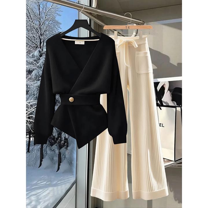 冬季穿搭一整套高级感黑色针织衫女新款高腰时尚百搭休闲裤两件套