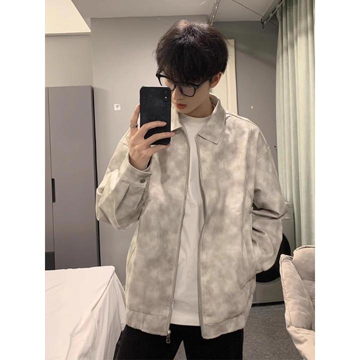 美式vintage复古扎染皮衣外套男款春秋季高级感痞帅潮牌机车夹克