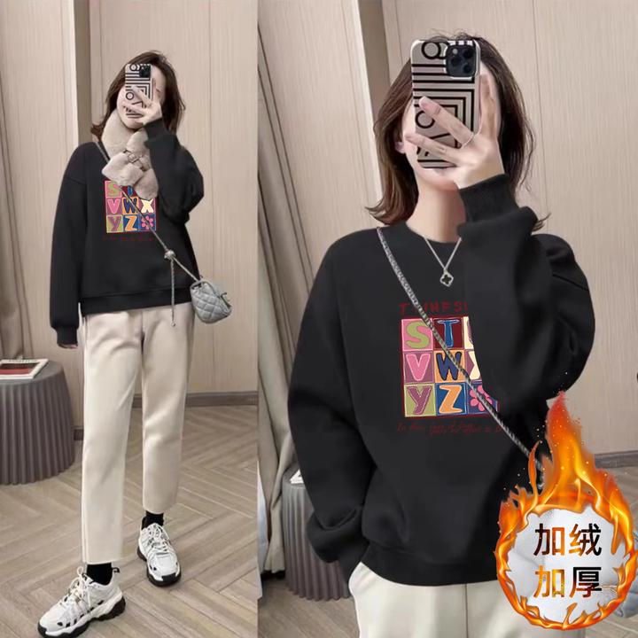 百搭加绒加厚男女情侣款青春设计感情侣INS圆领卫衣-彩色字母表
