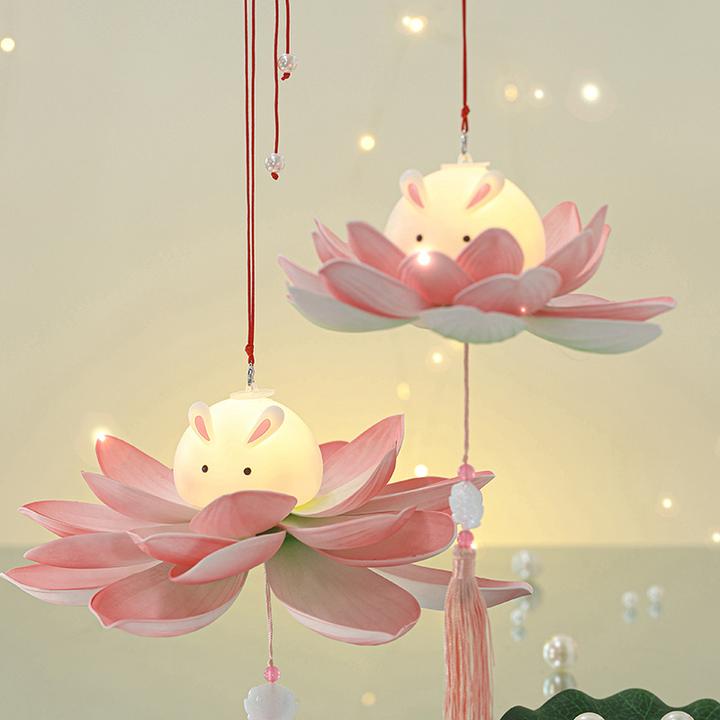 中秋节兔子荷花灯笼儿童手提手工diy材料2024新款古风玉兔莲花灯
