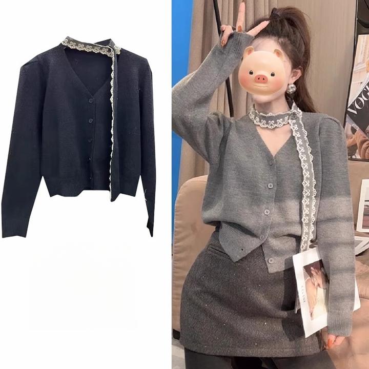 小香风灰色V领蕾丝飘带毛衣开衫女秋冬季小个子短款针织上衣外套