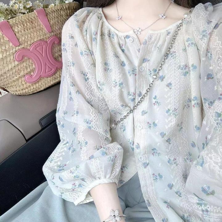 港风甜美清新碎花雪纺衫长袖衬衫夏季新款女学生宽松显瘦防晒衬衣