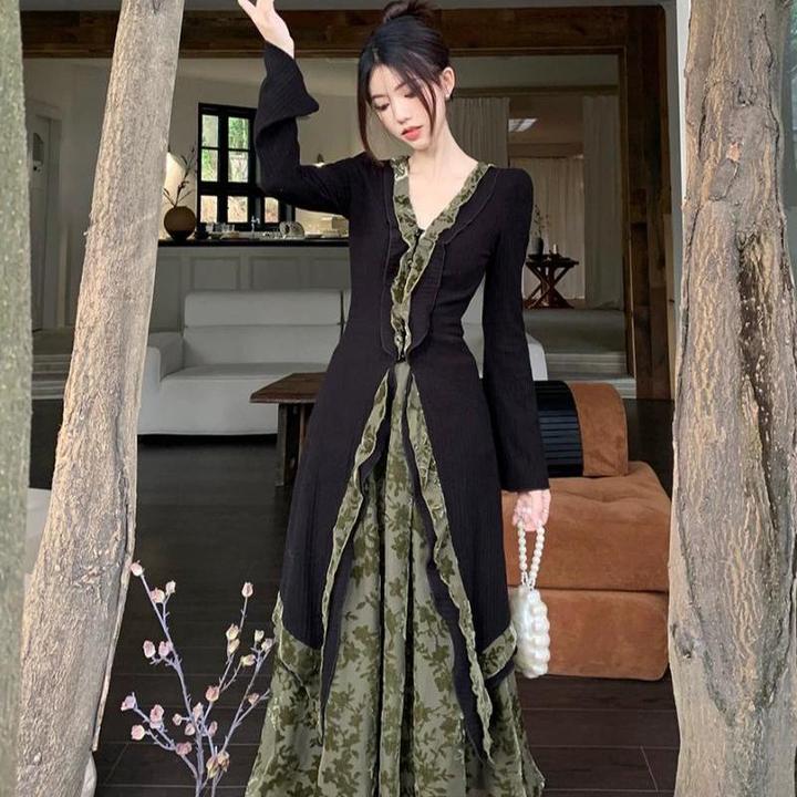 大码胖新中式套装领拼接长袖开衫女装秋季松紧腰半身裙两件套