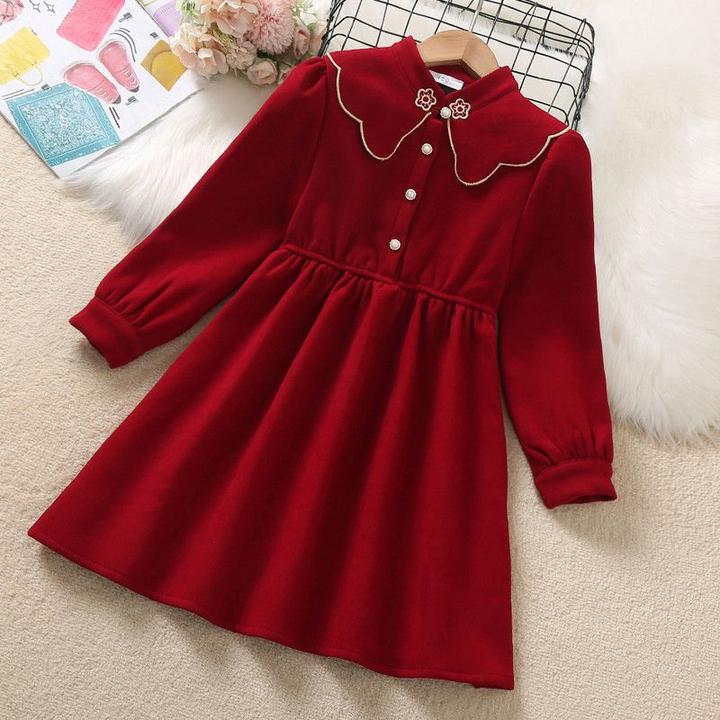 洋气新款女大童红色连衣裙女童复古连衣裙春秋季洋气公主裙儿童红