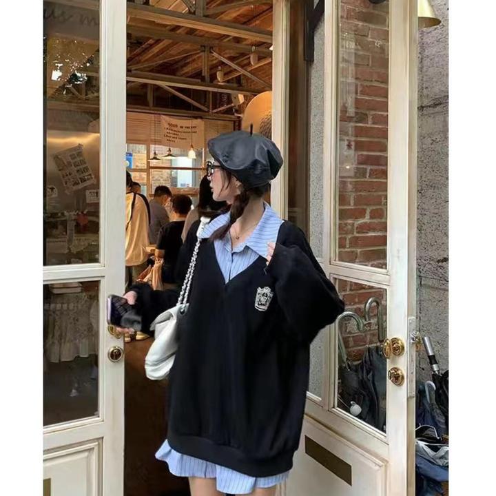 宝藏衣橱上新胖妹妹显瘦宽松卫衣学院风减龄假两件衬衫拼接上衣