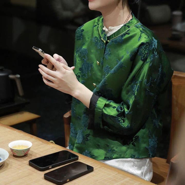 新款爆款今年流行款穿搭高级感气质小香风新中式国风绿色提花外套