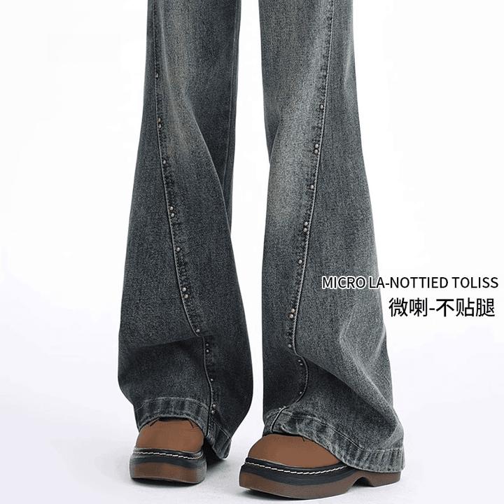 美式复古微喇牛仔裤女2025秋冬加绒新款高腰设计感铆钉拼接阔腿裤