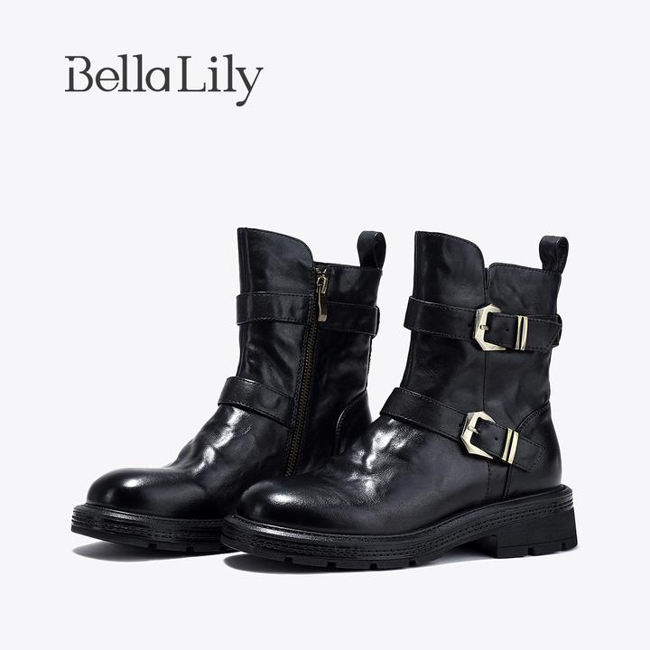 BellaLily秋冬新款气质时装靴复古牛皮中筒靴女百搭潮流靴子