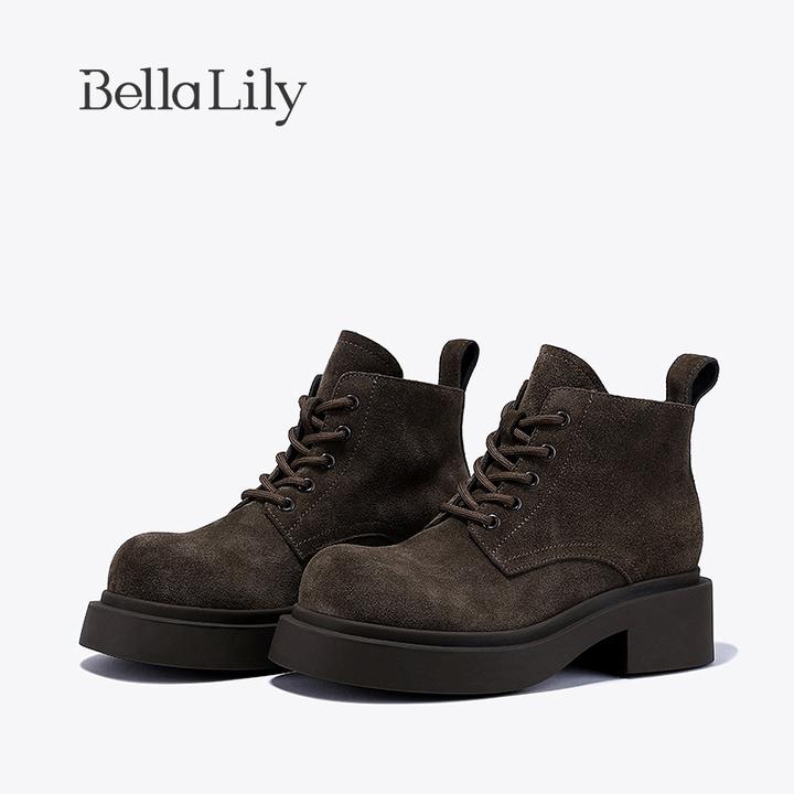 BellaLily秋季复古厚底短靴女系带粗跟机车靴牛皮大头工装马丁靴