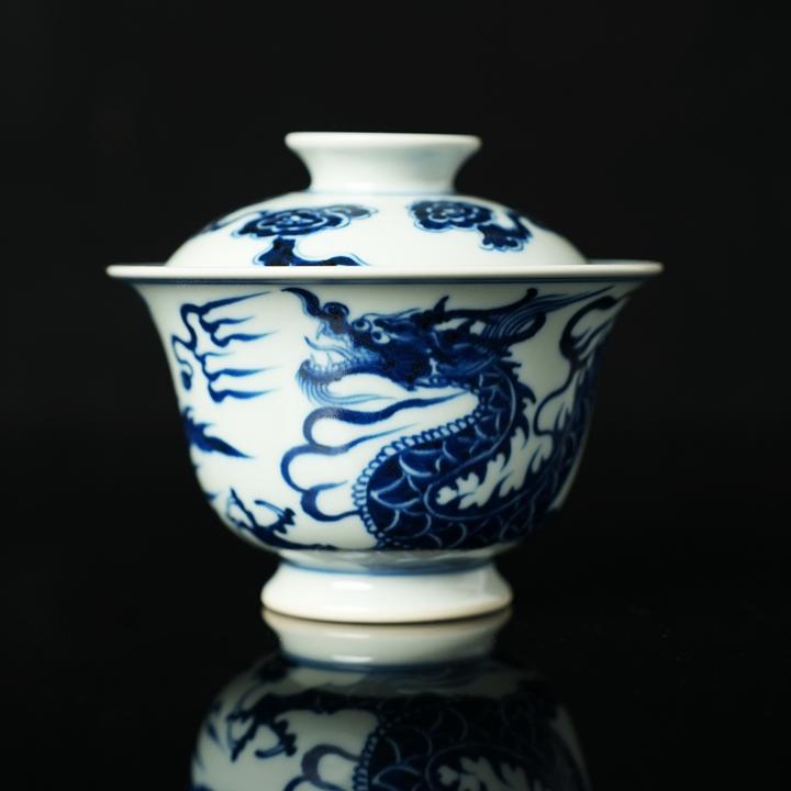 临风听雨 仿元青花铠甲龙岩茶盖碗景德镇纯手工陶瓷